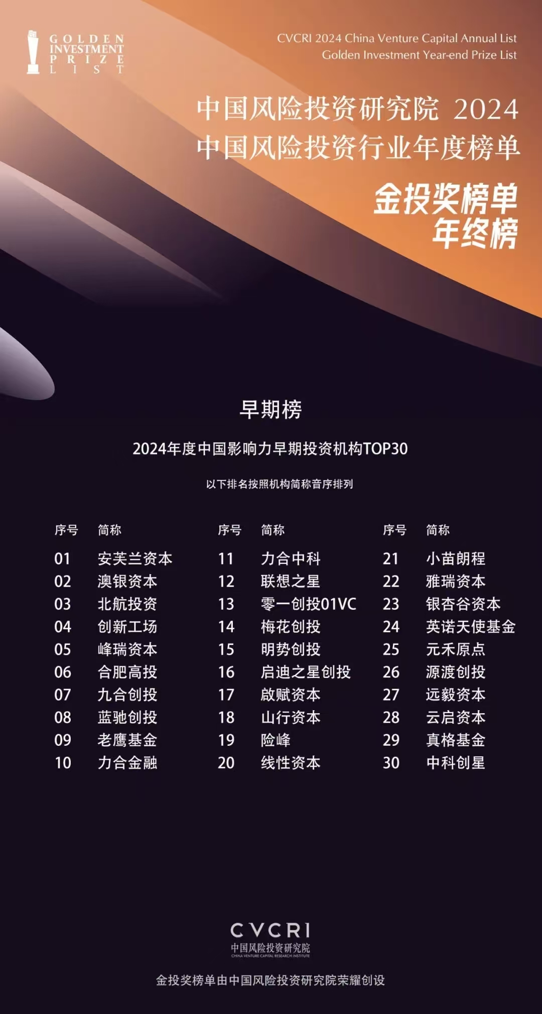 中国风险研究院2024年度中国影响力早期投资机构top30